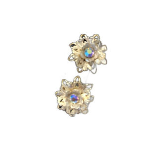 Vintage Aurora Borealis Iridescent Floral Clip-On Earrings, 1950's Era Style
